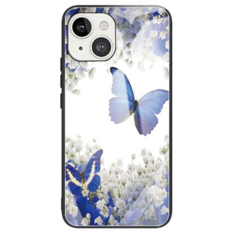 θηκη κινητου iPhone 14 Blue Butterflies Tempered Glass